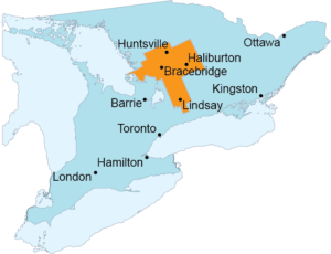 Boundary boarder for Trillium Lakelands District School Board within the southern Ontario map.